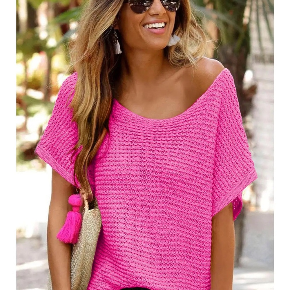 Chic Off-the-Shoulder Barbie Pink Knit ‘Sweater’ Top